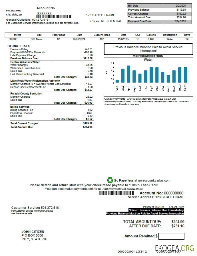 USA CARKW utility bill template in Worrd and PDF formats